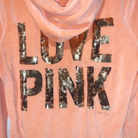 Love Pink Gold Sequin Text Back Victoria’s Secret Orange Velour Hoodie Size L - Picture 4 of 6